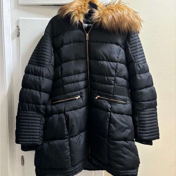 Black Puffer Jacket with Faux Fur Hood - Picture 2 of 6